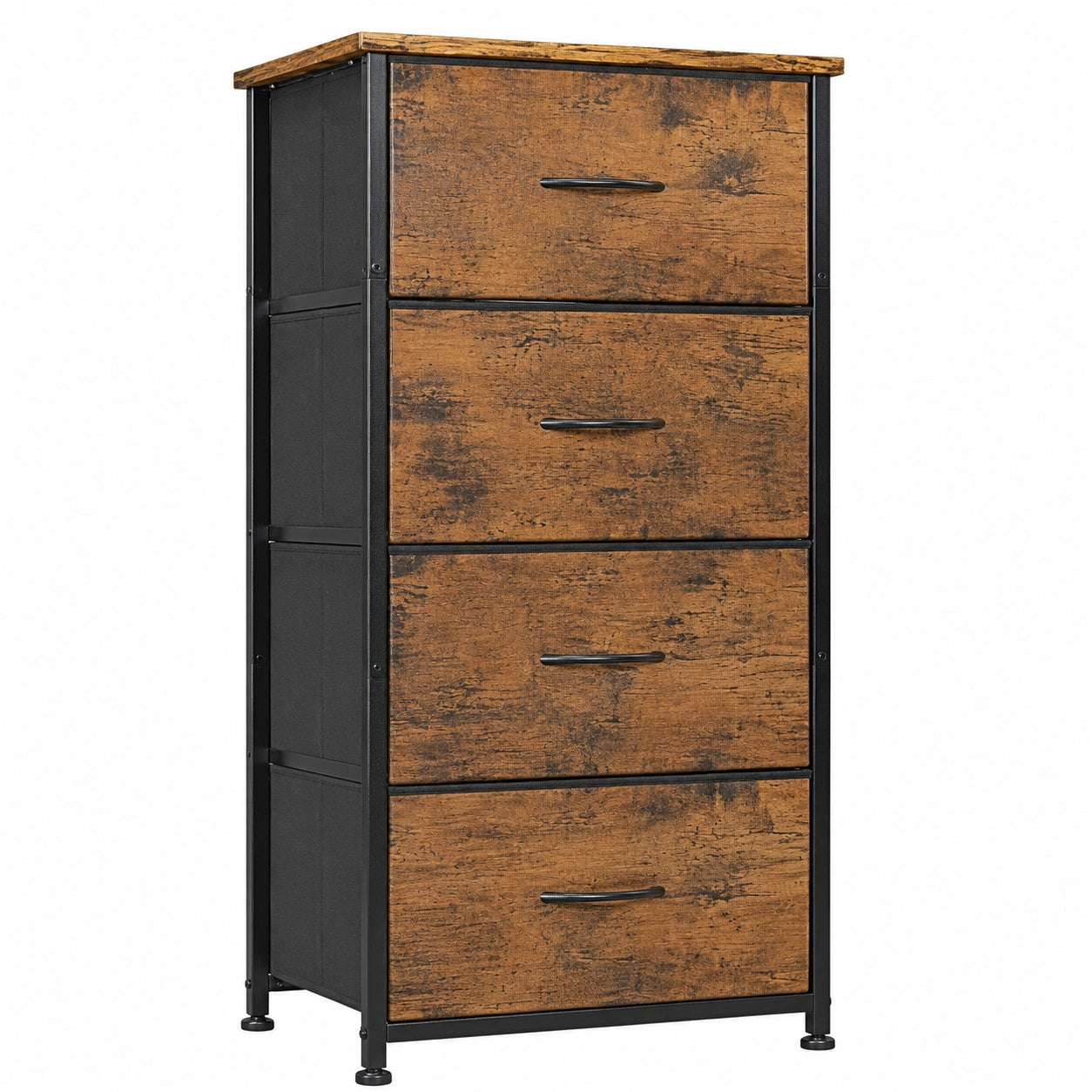Cajonera Vertical de Tela con 4 Cajones y Estructura Metálica para Dormitorio y Pasillo, Aparador Estrecho con Tapa de Madera, Diseño Rústico Marrón