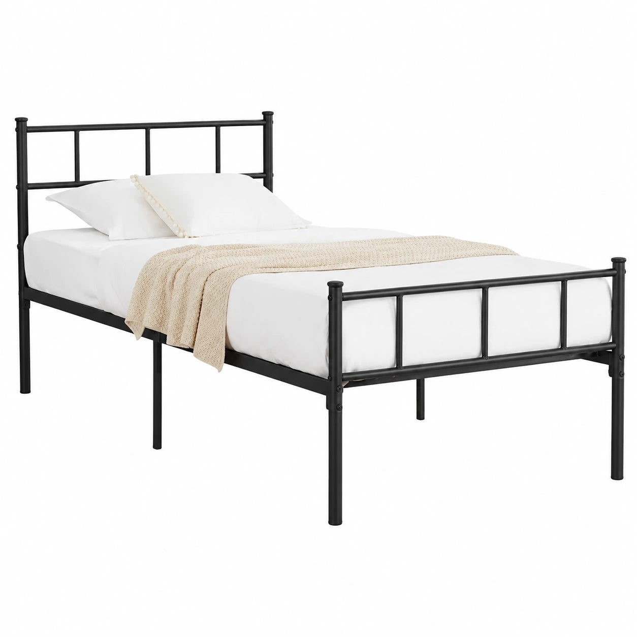 Cama Individual con Almacenamiento y Cabecero, Somier Metálico 90x190 cm, Negro, Montaje Fácil