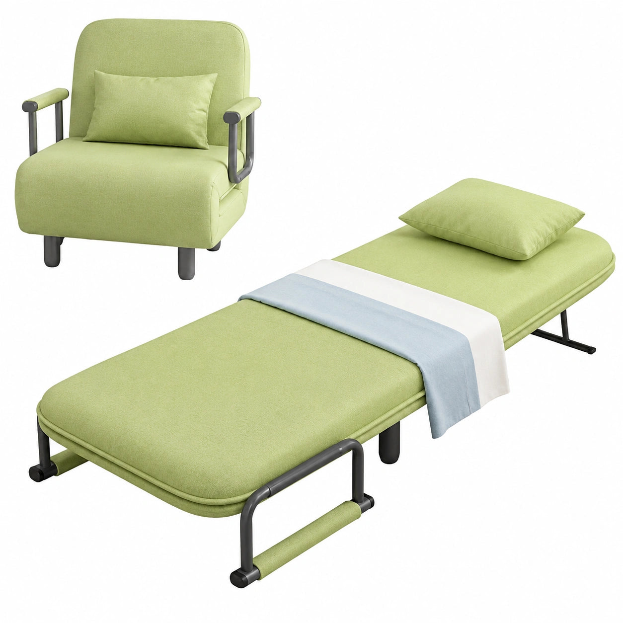 Sofá Cama Individual Ajustable 5 Niveles, Algodón y Lino, Reclinable con Colchón, Verde, 80x70x80cm