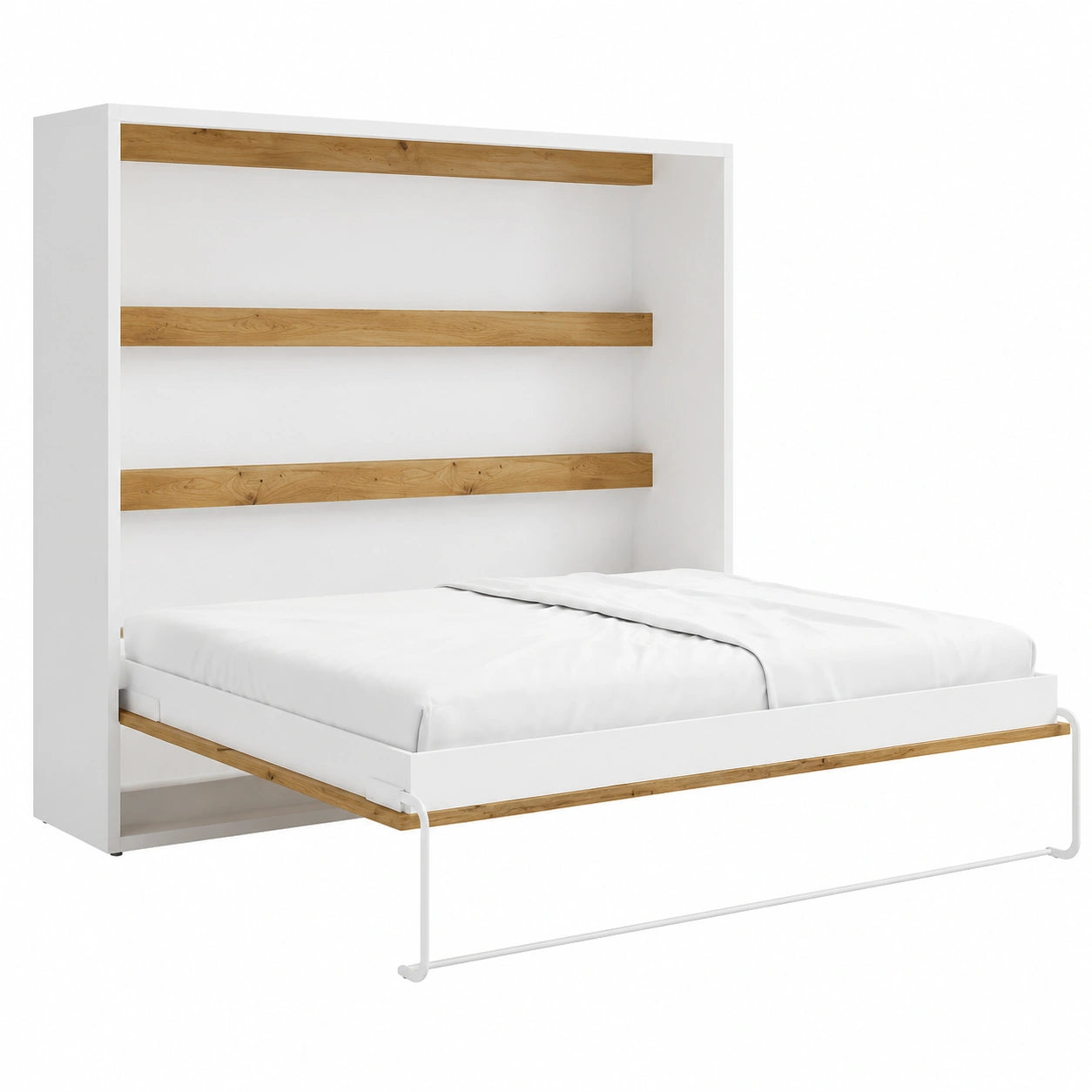 Cama Plegable Horizontal 140x200 cm con LED y Colchón, Blanco y Natural - RAPILI