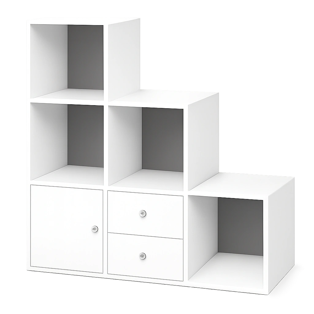 Estantería Escalonada de Madera Blanca con Cajones y Puerta