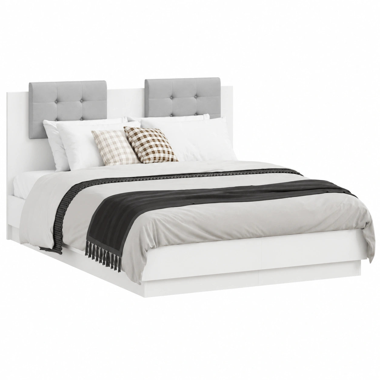 Estructura de Cama Blanca 135x190 cm con Cabecero Tapizado y Somier de Láminas